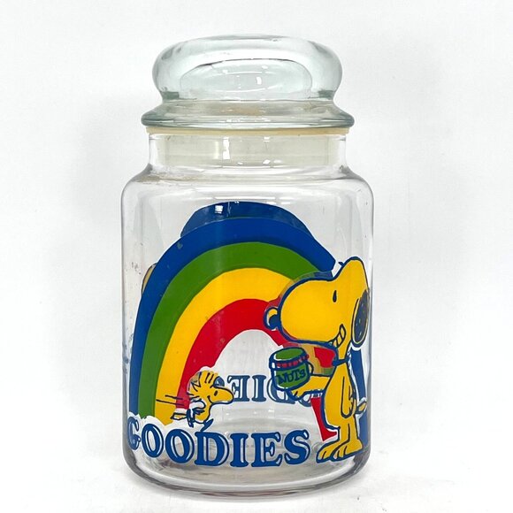 Vintage Peanuts Snoopy & Woodstock Rainbow Glass Goodies Cookie Candy Jar 7" - Picture 2 of 13